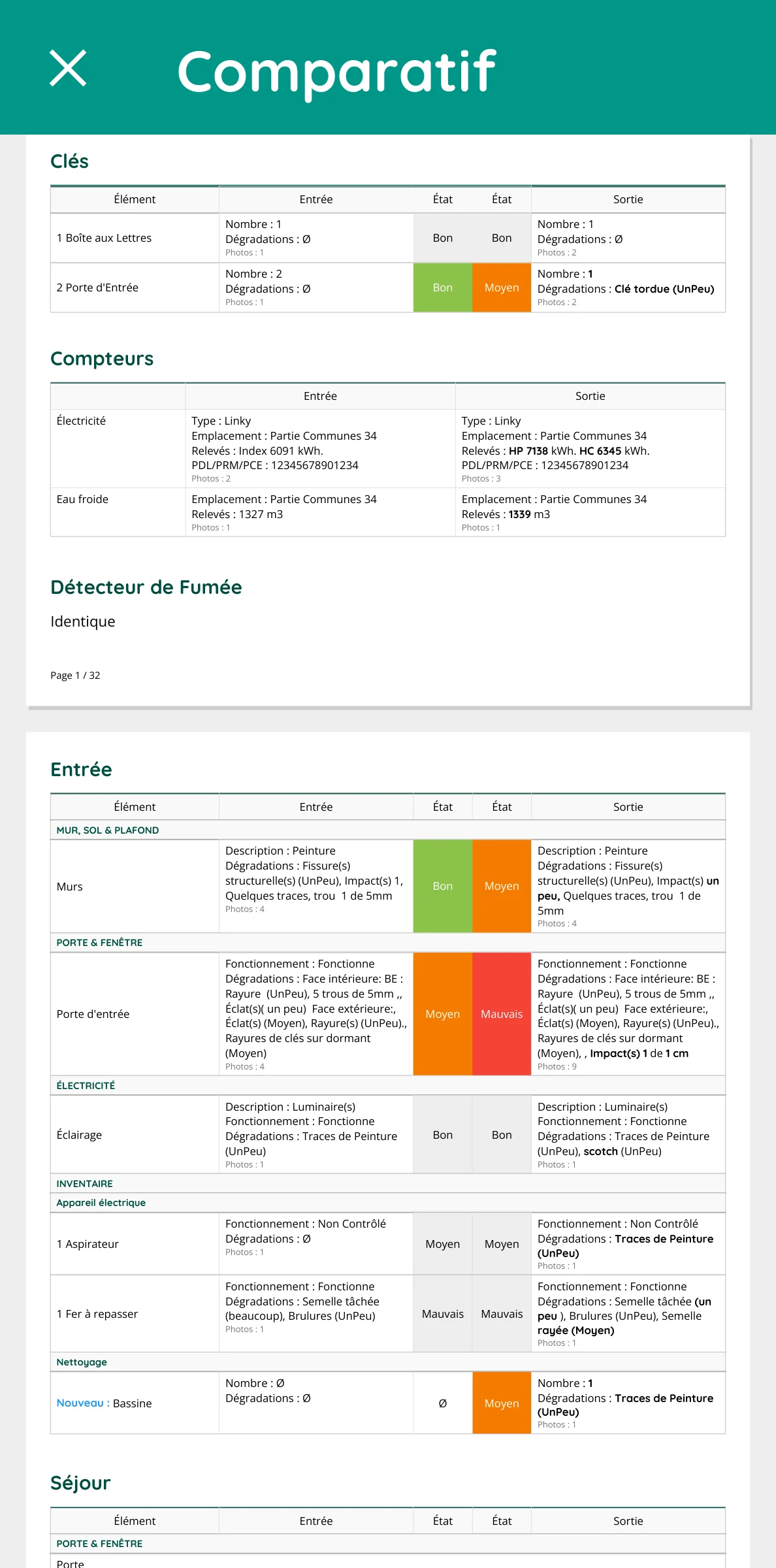 Rapport comparatif entrée / sortie prévisualisé sur mobile