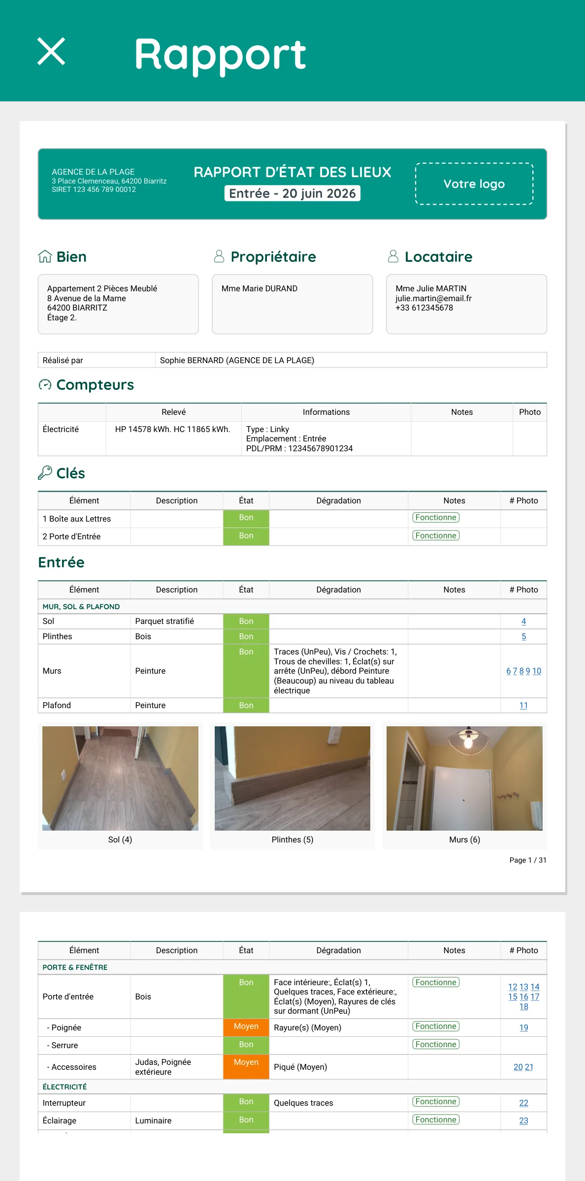 Rapport d'état des lieux prévisualisé sur mobile : compteurs, clés, pièce Entrée et photos