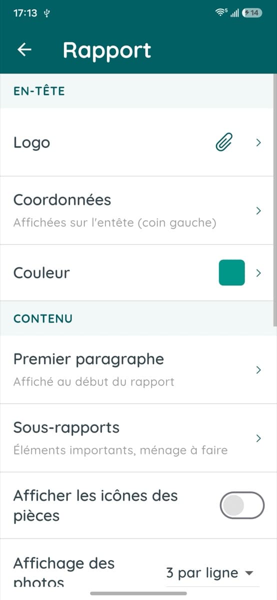 Préférences du rapport : logo, coordonnées, couleur, premier paragraphe, sous-rapports