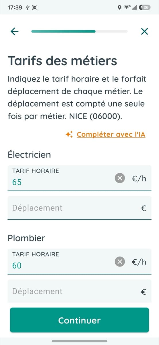 Tarifs des métiers : tarif horaire et forfait déplacement par métier, complétés par l'IA