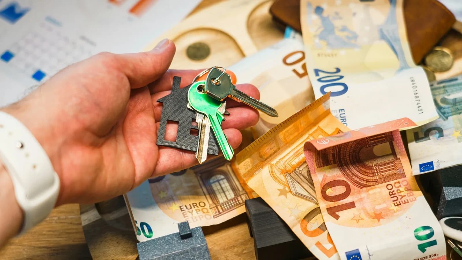 Clés d'un logement tenues au-dessus de billets en euros, symbole du dépôt de garantie