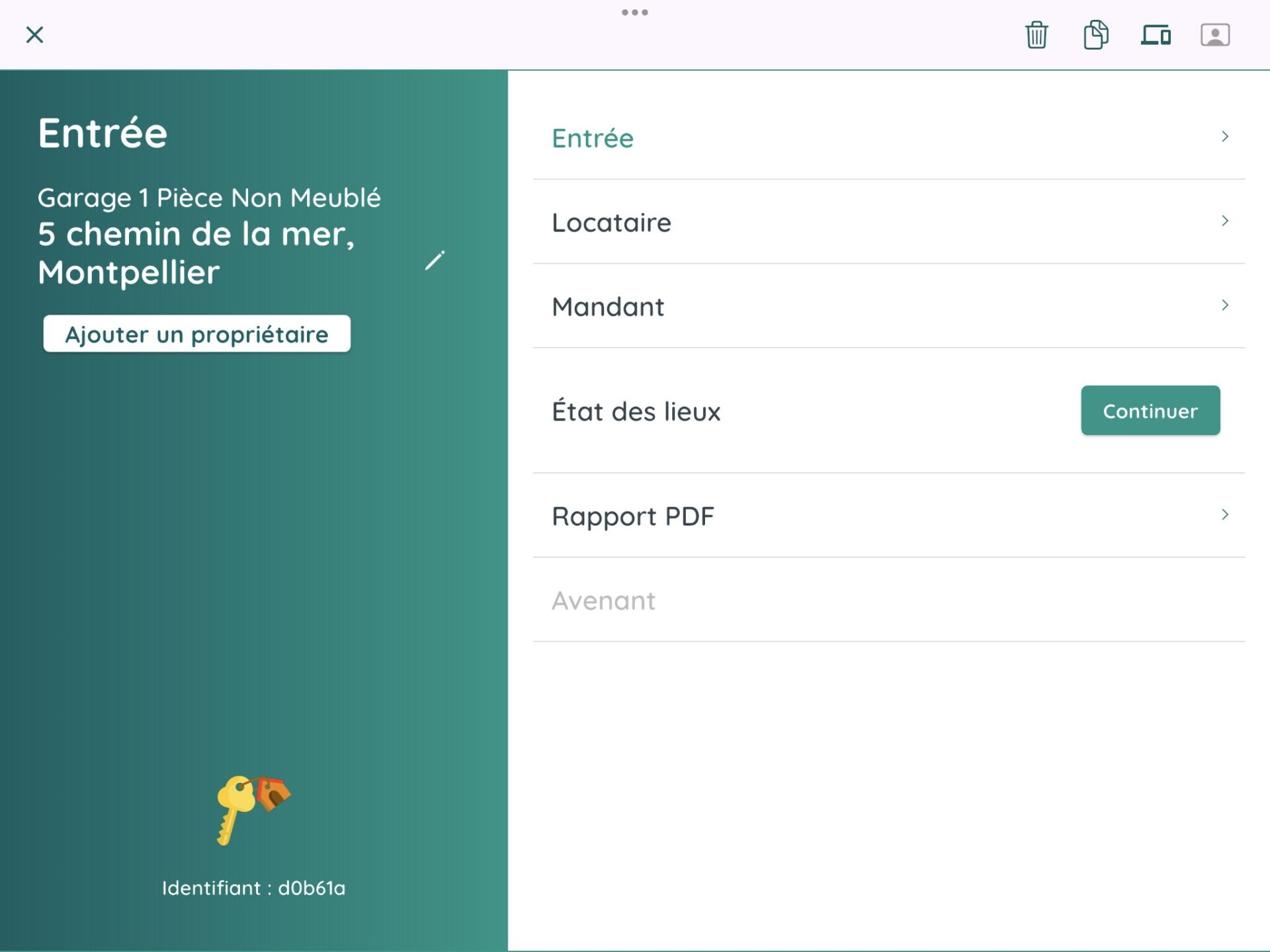 Menu d'un état des lieux dans l'application EDOUARD immo